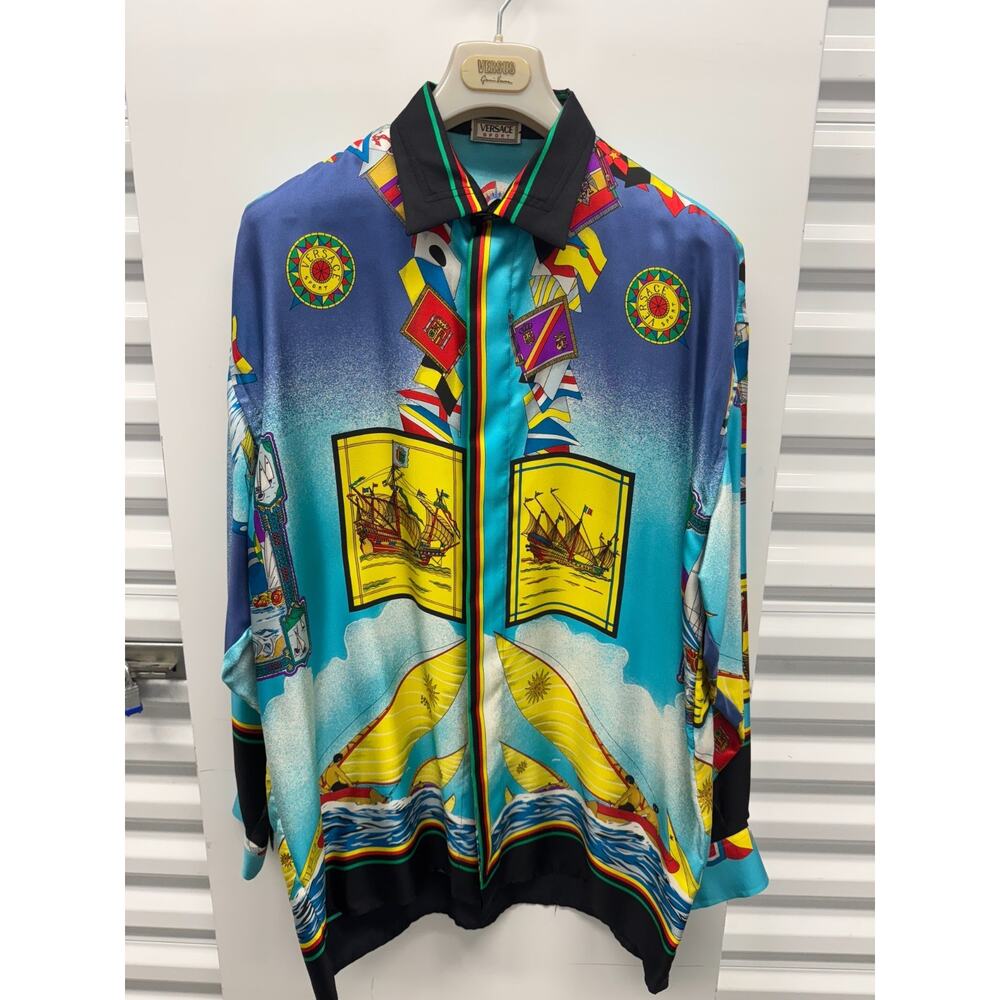 Vintage Gianni Versace Sport Silk Shirt Nautical Sailing Print Multicolor 90s 52